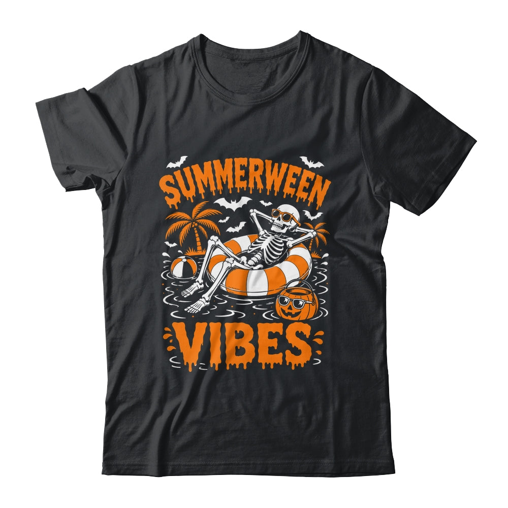 Summerween Vibes Skeleton Floating Pool Pumpkin Halloween Shirt & Tank Top | siriusteestore