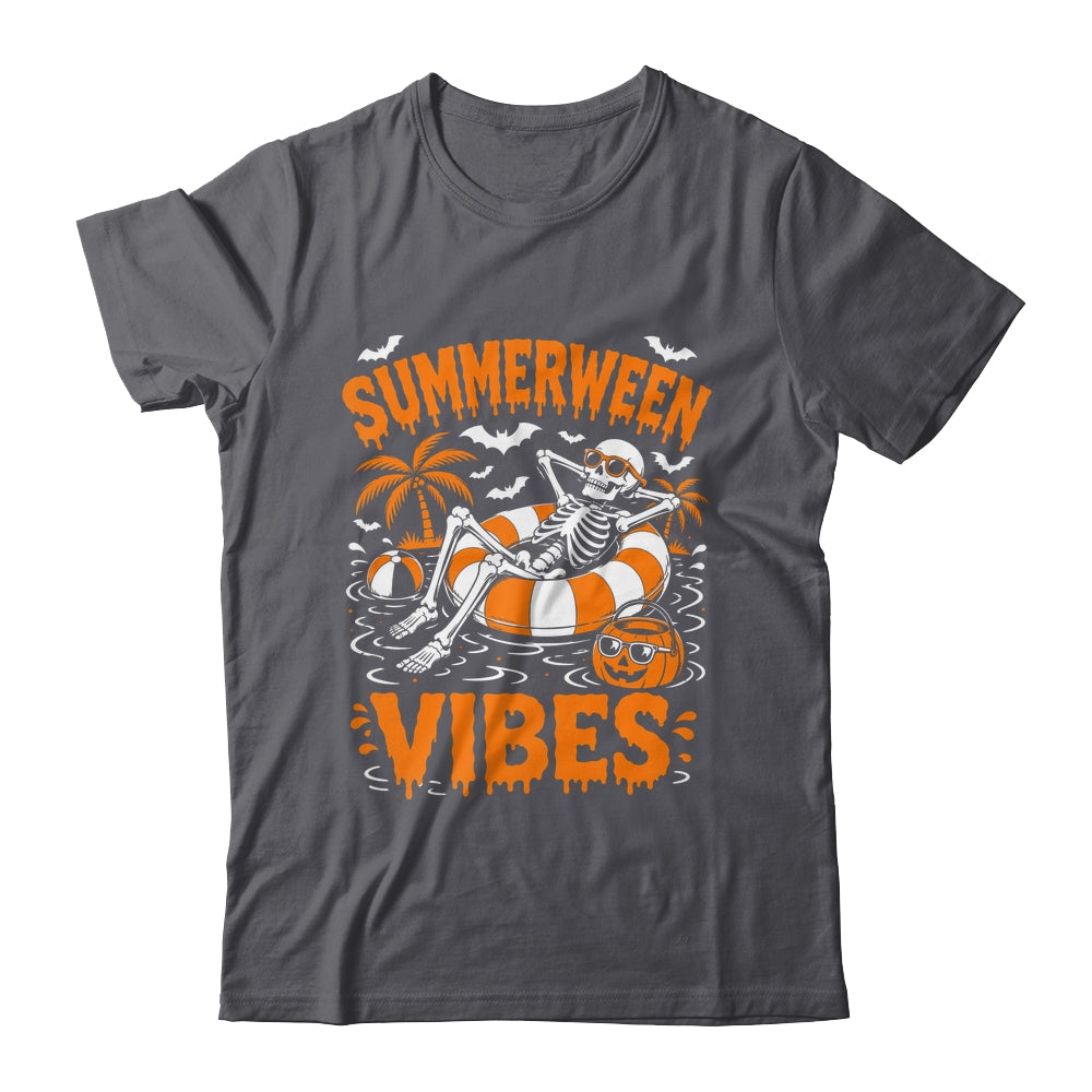Summerween Vibes Skeleton Floating Pool Pumpkin Halloween Shirt & Tank Top | siriusteestore