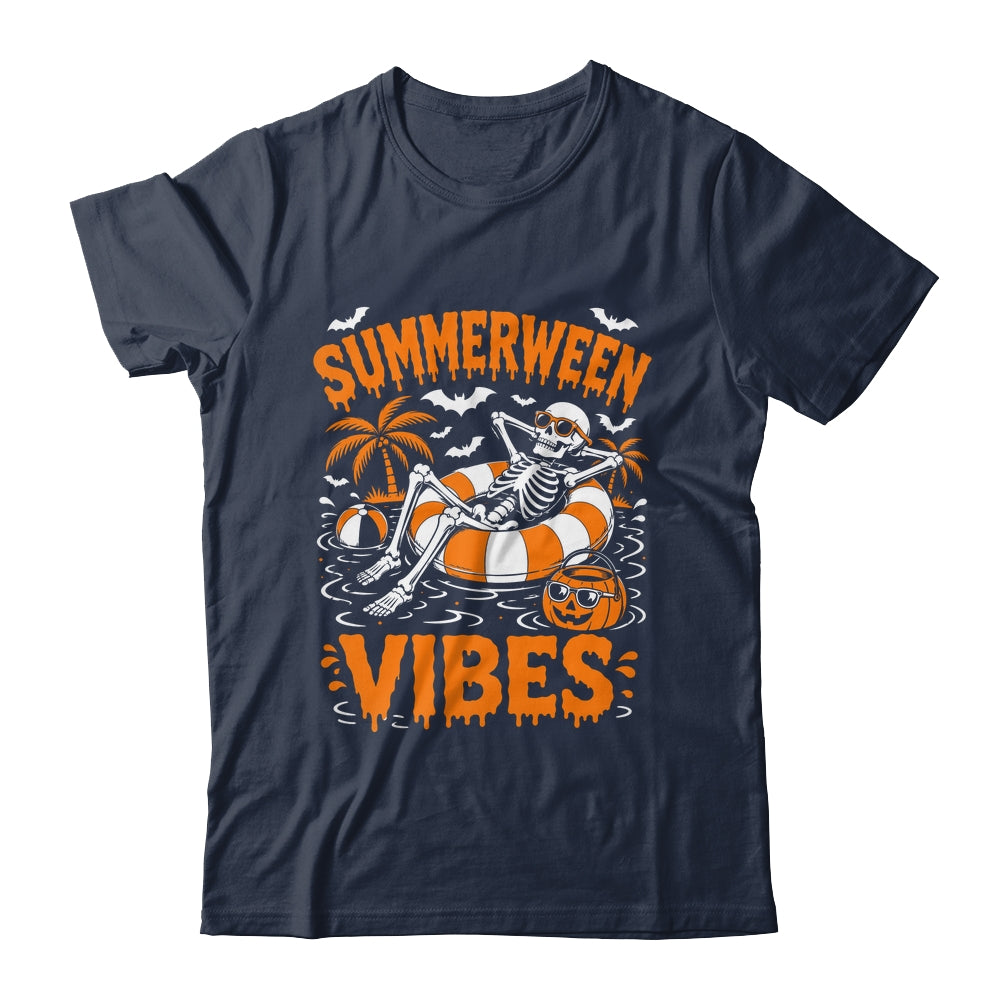 Summerween Vibes Skeleton Floating Pool Pumpkin Halloween Shirt & Tank Top | siriusteestore
