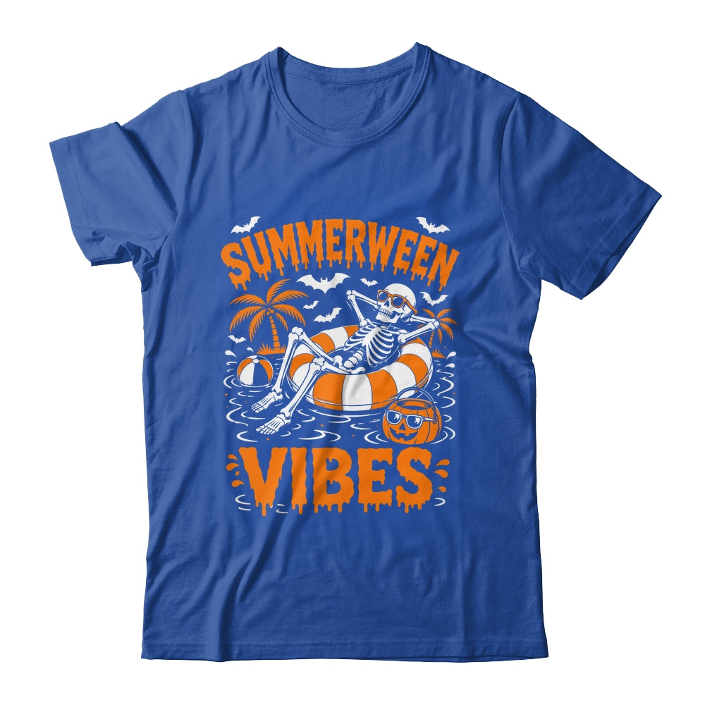 Summerween Vibes Skeleton Floating Pool Pumpkin Halloween Shirt & Tank Top | siriusteestore