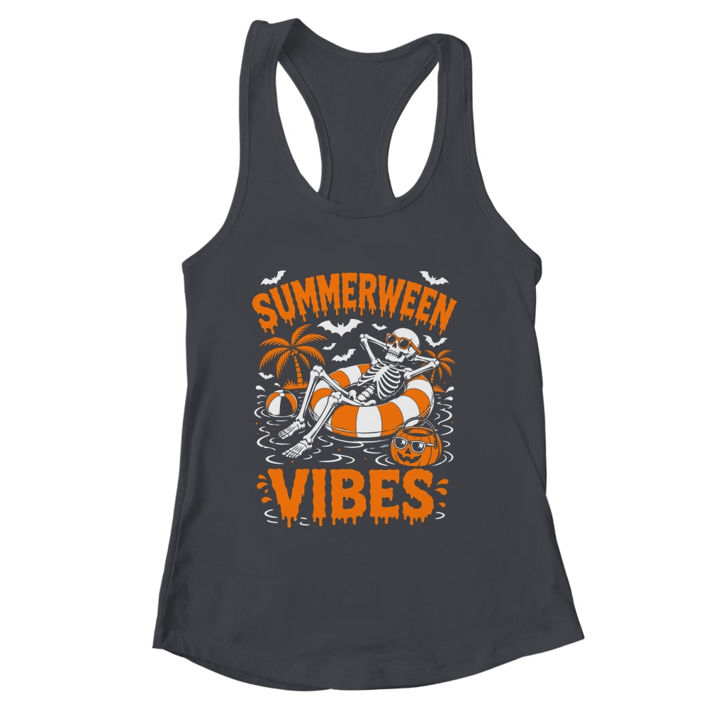 Summerween Vibes Skeleton Floating Pool Pumpkin Halloween Shirt & Tank Top | siriusteestore