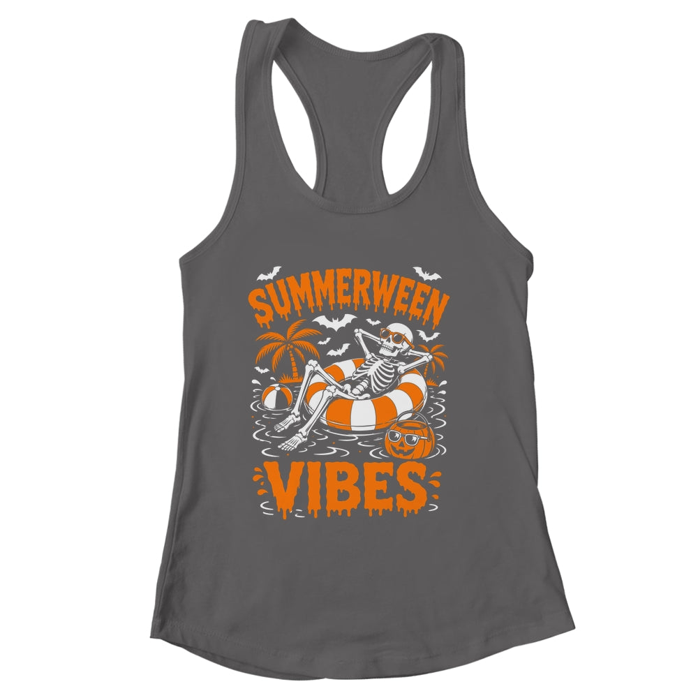 Summerween Vibes Skeleton Floating Pool Pumpkin Halloween Shirt & Tank Top | siriusteestore