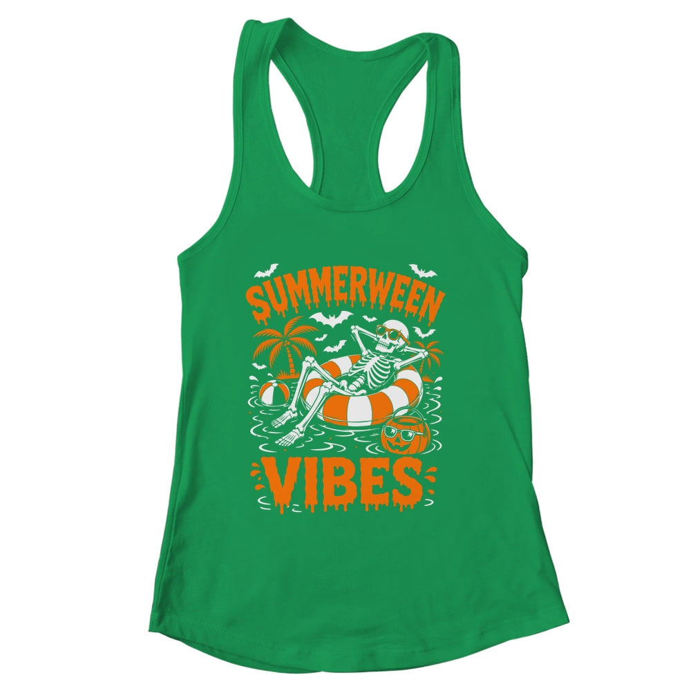 Summerween Vibes Skeleton Floating Pool Pumpkin Halloween Shirt & Tank Top | siriusteestore