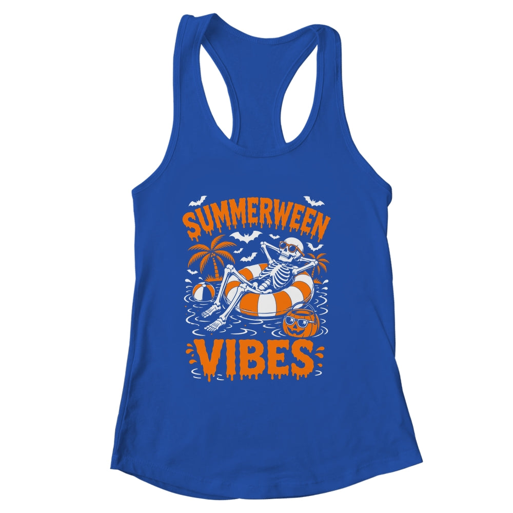 Summerween Vibes Skeleton Floating Pool Pumpkin Halloween Shirt & Tank Top | siriusteestore