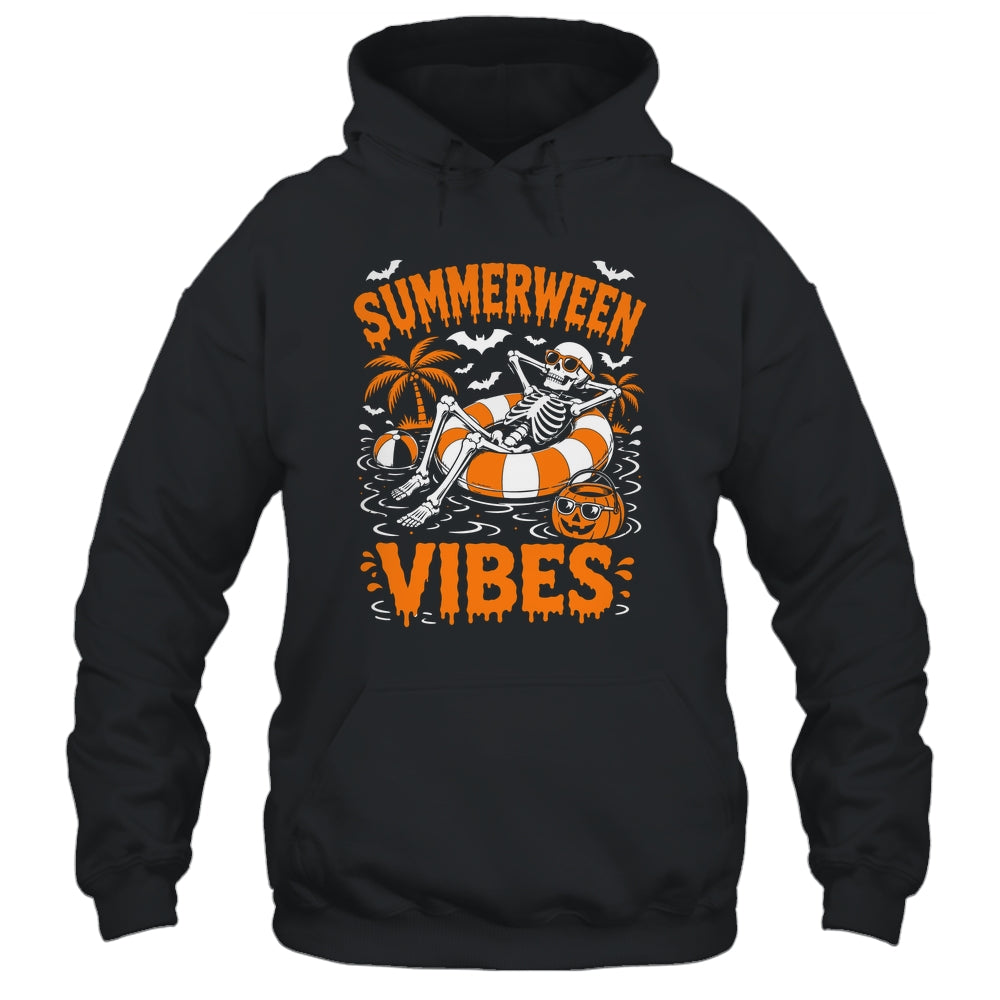 Summerween Vibes Skeleton Floating Pool Pumpkin Halloween Shirt & Tank Top | siriusteestore
