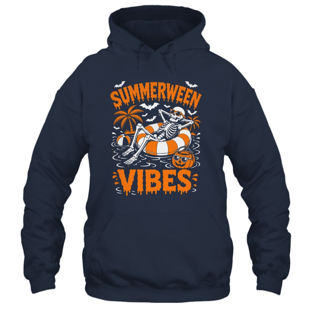 Summerween Vibes Skeleton Floating Pool Pumpkin Halloween Shirt & Tank Top | siriusteestore