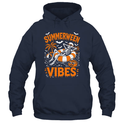 Summerween Vibes Skeleton Floating Pool Pumpkin Halloween Shirt & Tank Top | siriusteestore
