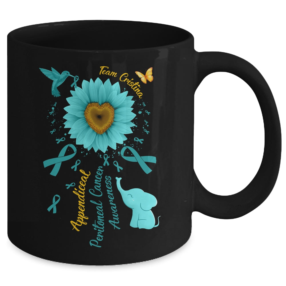 Sunflower Hummingbird Elephant Peritoneal Cancer Awareness Teal Ribbon Team Custom Mug | siriusteestore