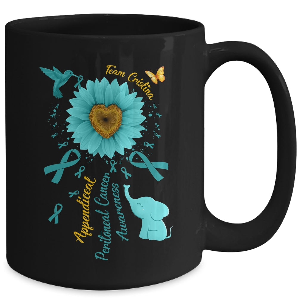 Sunflower Hummingbird Elephant Peritoneal Cancer Awareness Teal Ribbon Team Custom Mug | siriusteestore