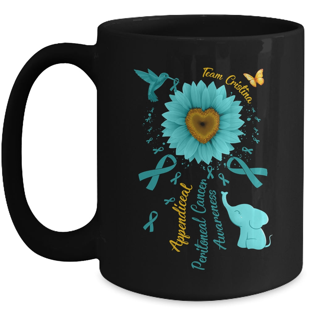 Sunflower Hummingbird Elephant Peritoneal Cancer Awareness Teal Ribbon Team Custom Mug | siriusteestore