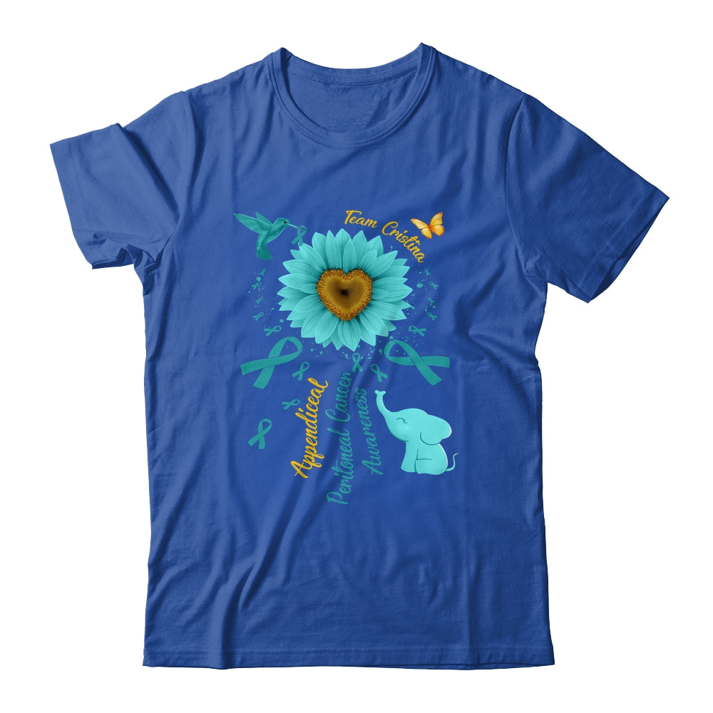Sunflower Hummingbird Elephant Peritoneal Cancer Awareness Teal Ribbon Team Custom Shirt & Tank Top | siriusteestore