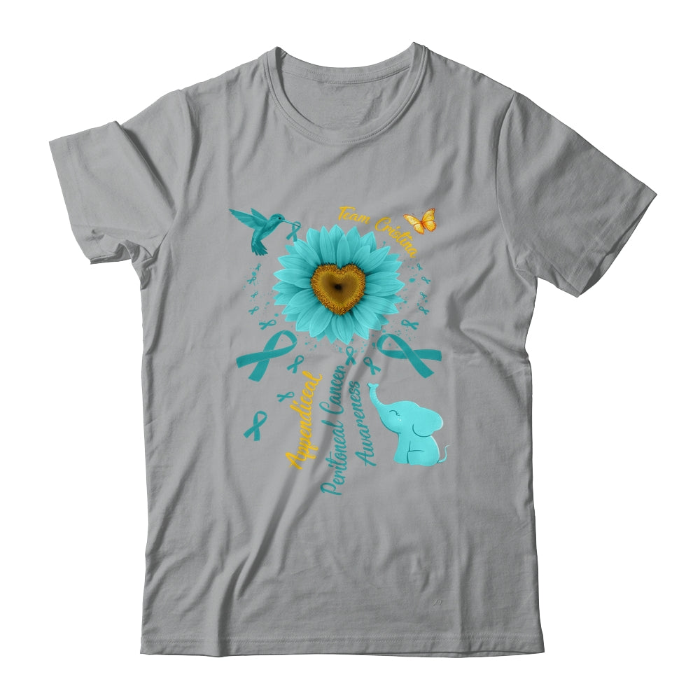 Sunflower Hummingbird Elephant Peritoneal Cancer Awareness Teal Ribbon Team Custom Shirt & Tank Top | siriusteestore