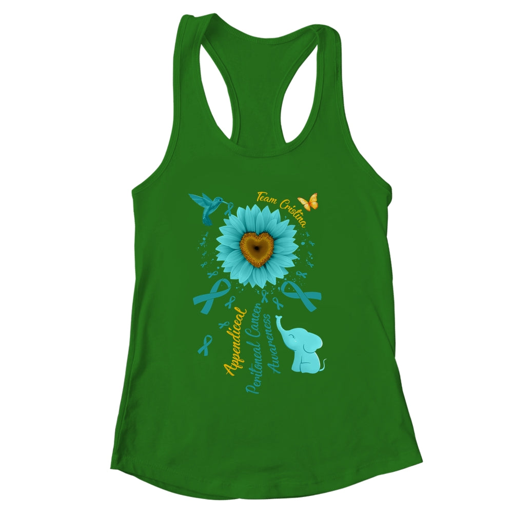 Sunflower Hummingbird Elephant Peritoneal Cancer Awareness Teal Ribbon Team Custom Shirt & Tank Top | siriusteestore