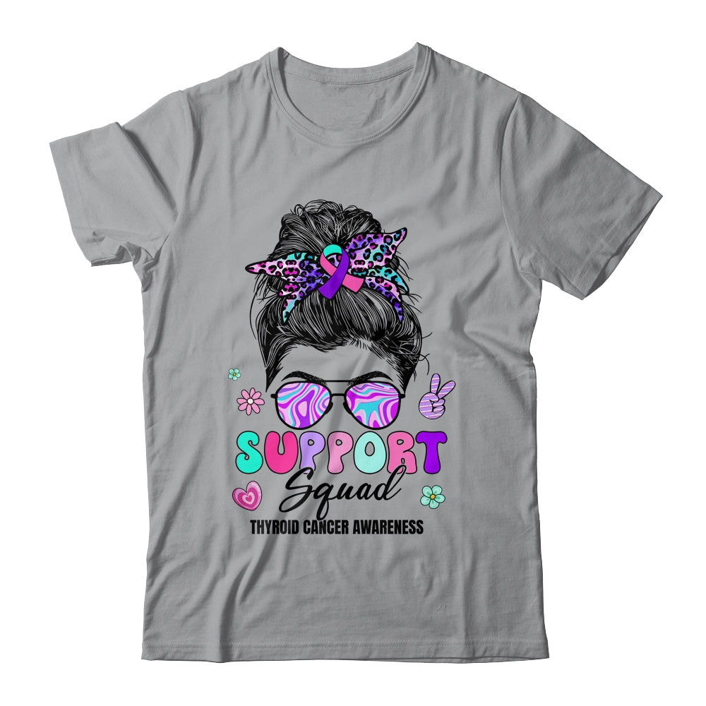 Support Squad Messy Bun Thyroid Cancer Awareness Groovy Shirt & Hoodie | siriusteestore