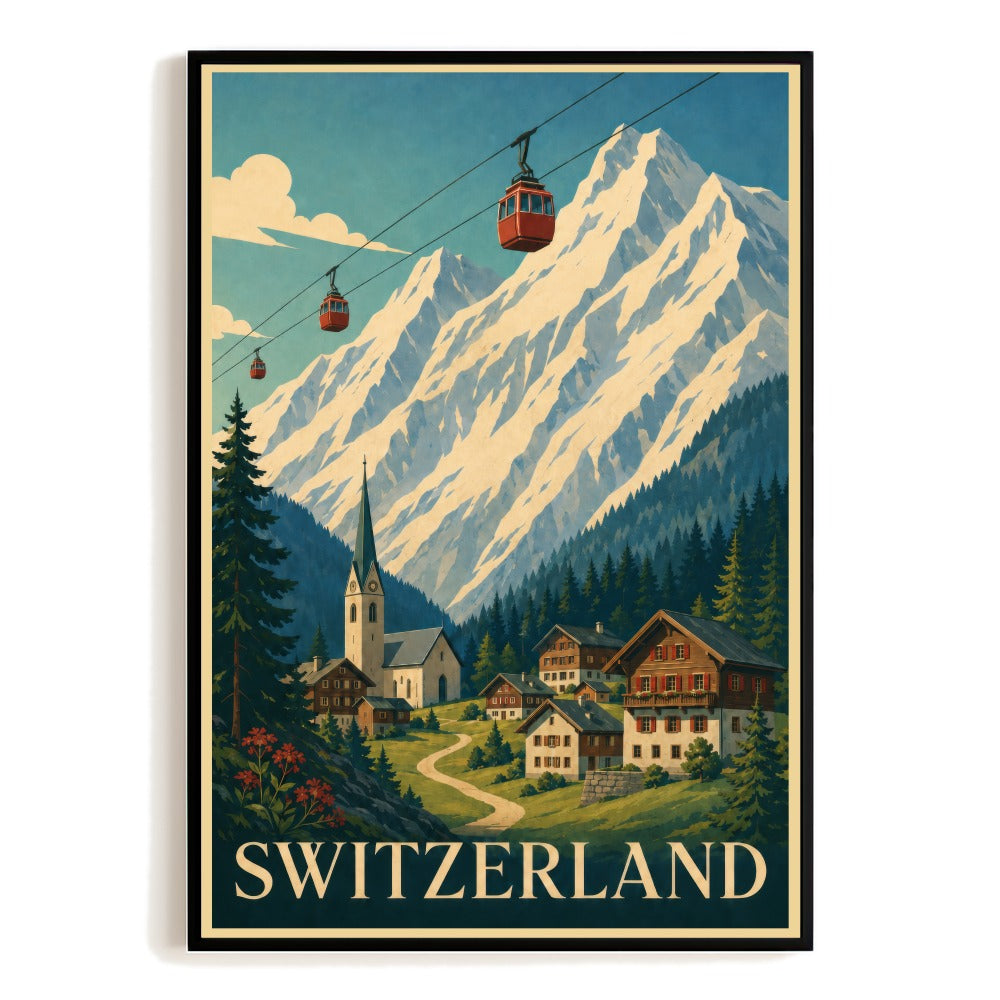 Switzerland Alps Ski Gondola Vintage Travel Poster Winter Mountain Landscape Wall Art Print Painting Picture For Home Living Room Office Bedroom Kitchen Decor Unframed | siriusteestore