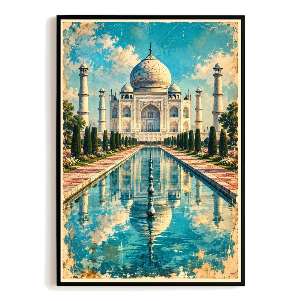 Taj Mahal India Reflection Pool Travel Poster Vintage Mughal Landmark Wall Art Print Romantic Architecture Decor For Home Living Room Office Bedroom Gift Unframed | siriusteestore