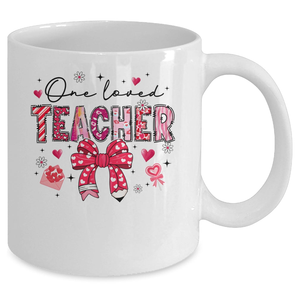 Teacher Valentine's Day One Loved Teacher Coquette Bow Retro Mug | siriusteestore