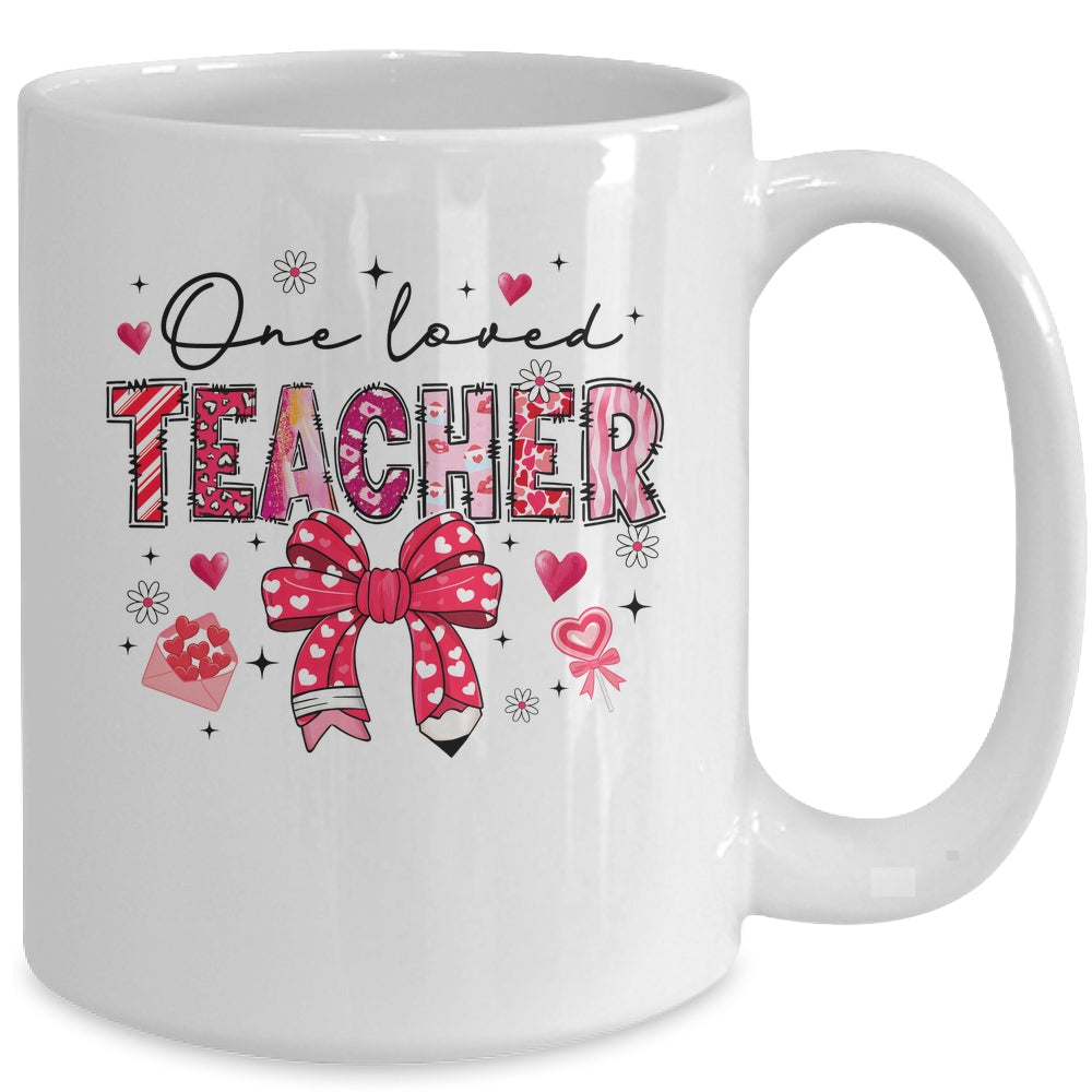 Teacher Valentine's Day One Loved Teacher Coquette Bow Retro Mug | siriusteestore