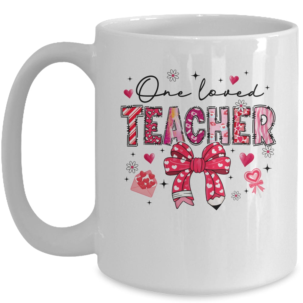 Teacher Valentine's Day One Loved Teacher Coquette Bow Retro Mug | siriusteestore