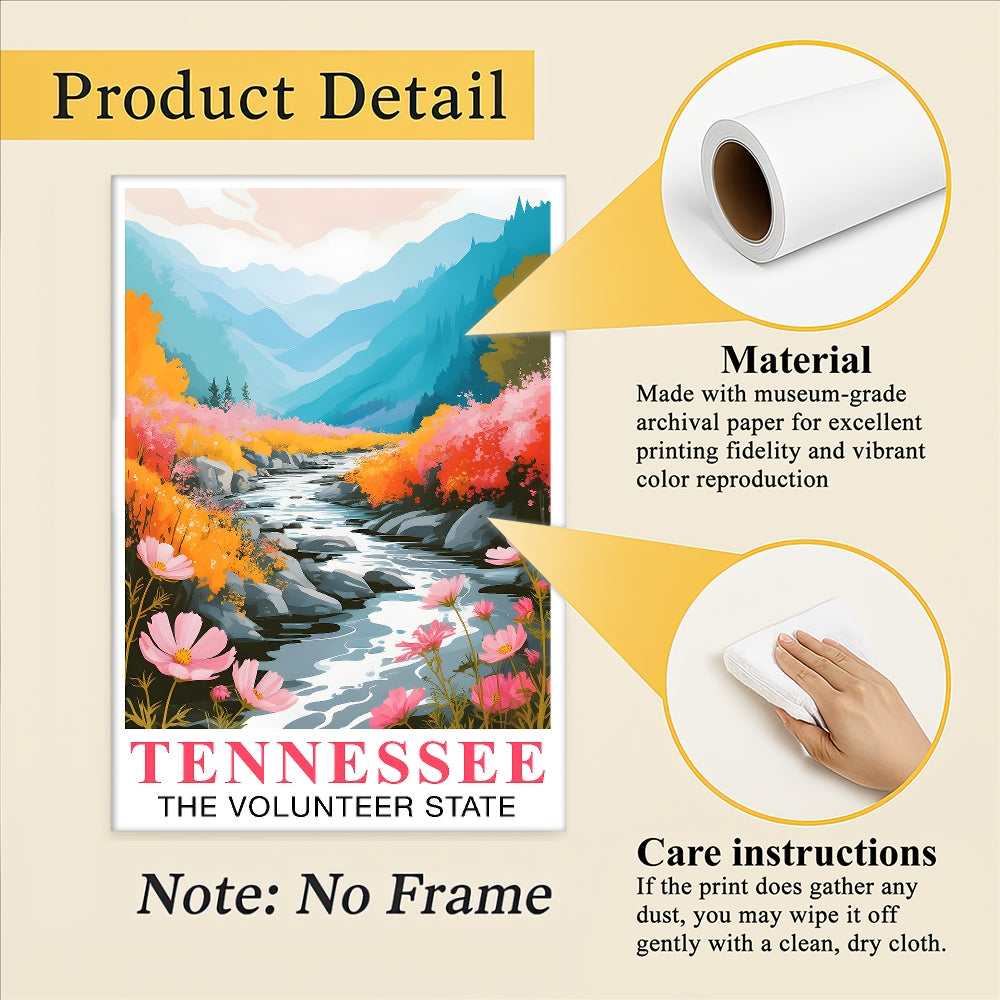 Tennessee Print Travel Poster Nature River Floral Volunteer State Mountains Souvenir Wall Art Landscape Picture For Home Room Living Room Bedroom Decor Unframed | siriusteestore