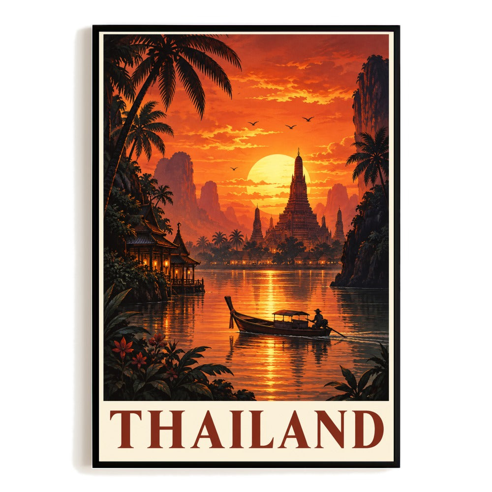 Thailand Temple River Sunset Travel Poster Vintage Landscape Wall Art Print Tropical Spiritual City Decor For Home Living Room Office Bedroom Souvenir Gift Unframed | siriusteestore