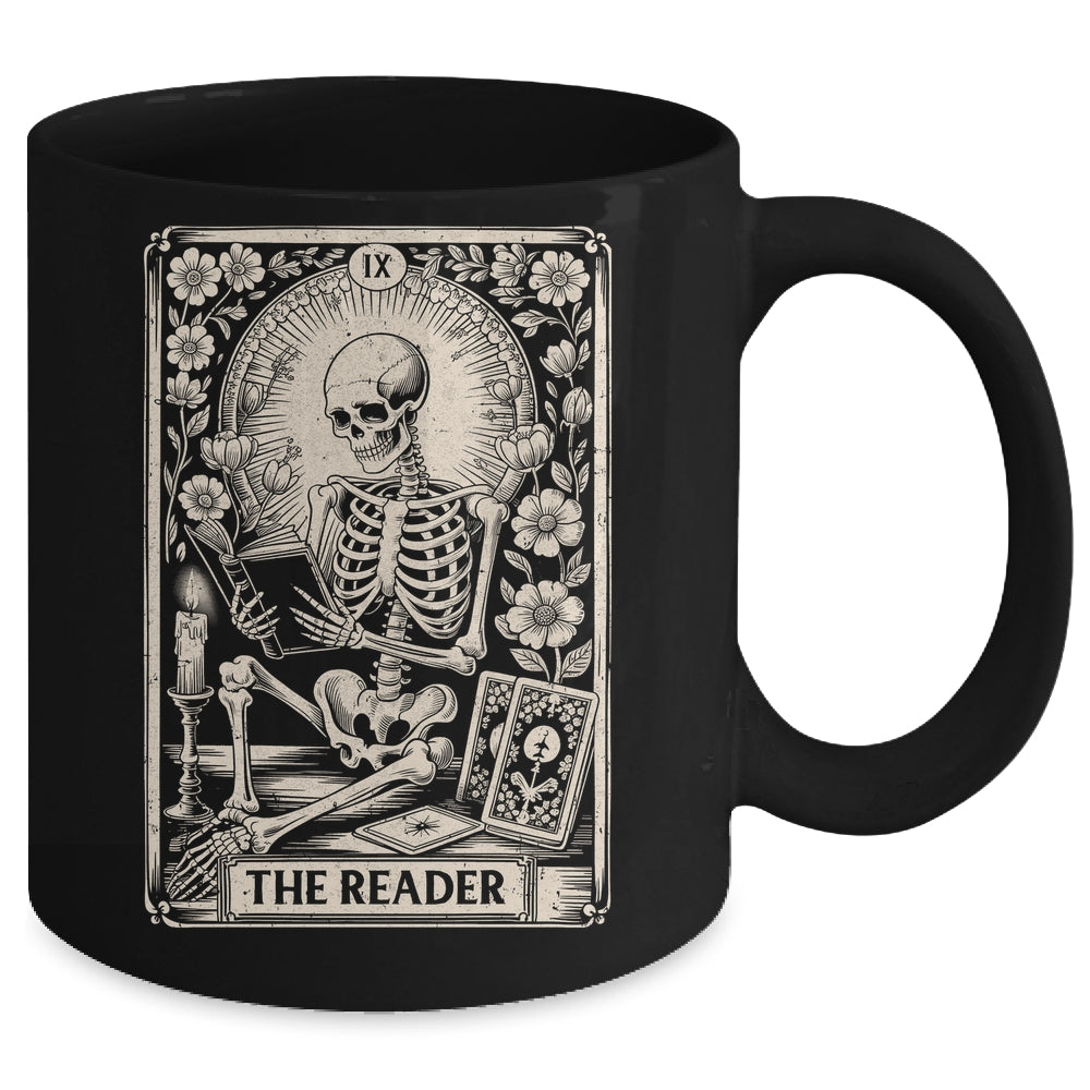 The Reader Tarot Card Funny Book Lover Skeleton Reading Book Mug | siriusteestore