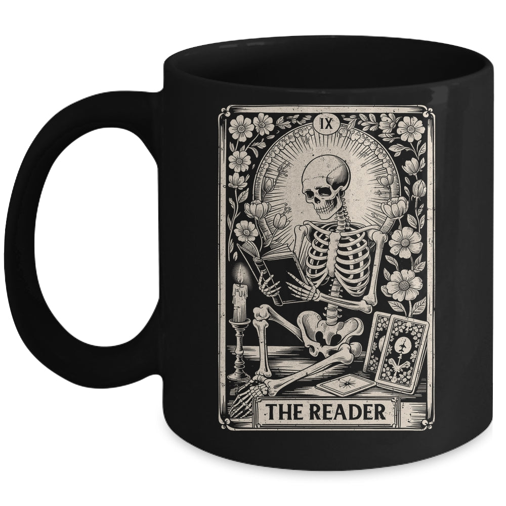 The Reader Tarot Card Funny Book Lover Skeleton Reading Book Mug | siriusteestore