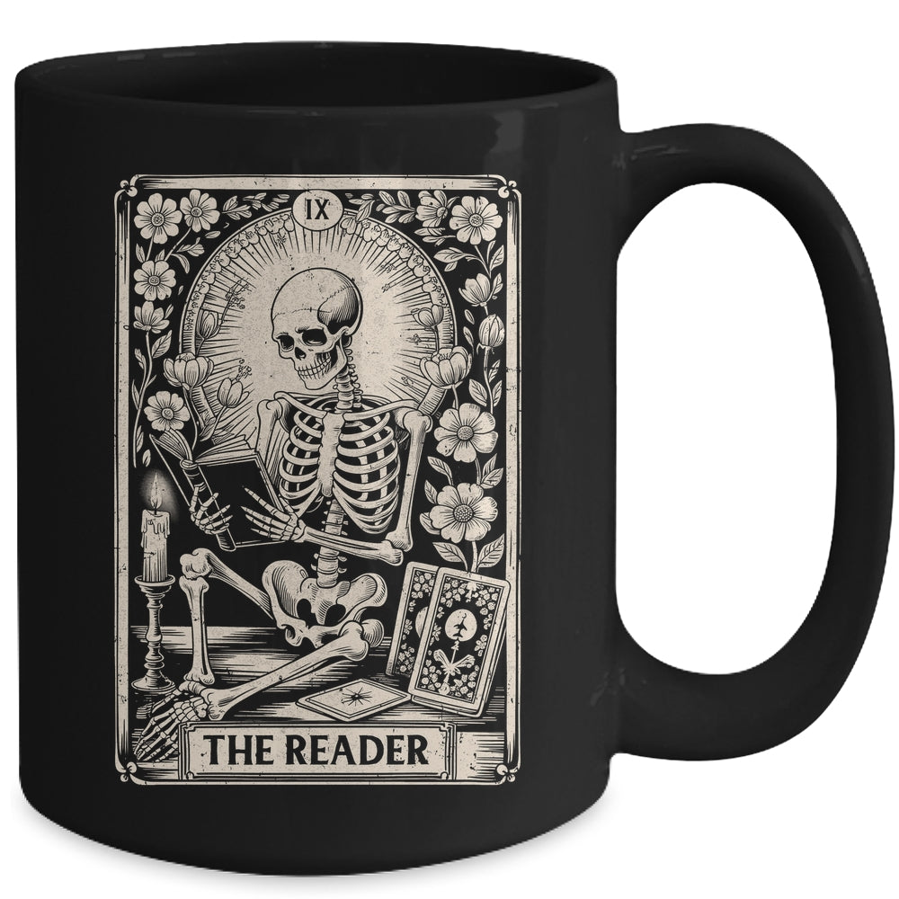 The Reader Tarot Card Funny Book Lover Skeleton Reading Book Mug | siriusteestore