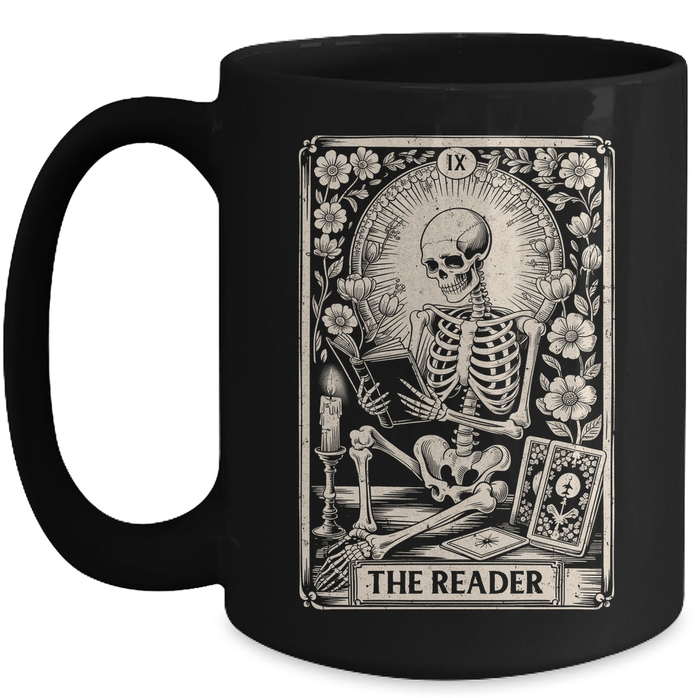 The Reader Tarot Card Funny Book Lover Skeleton Reading Book Mug | siriusteestore