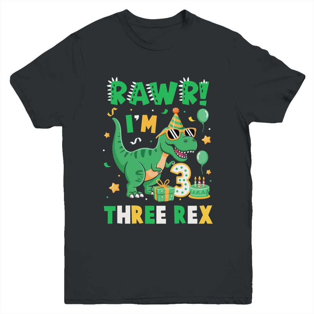 Three Rawr Birthday Boy Party T-Rex Dinosaur 3 Years Old Youth Shirt | siriusteestore