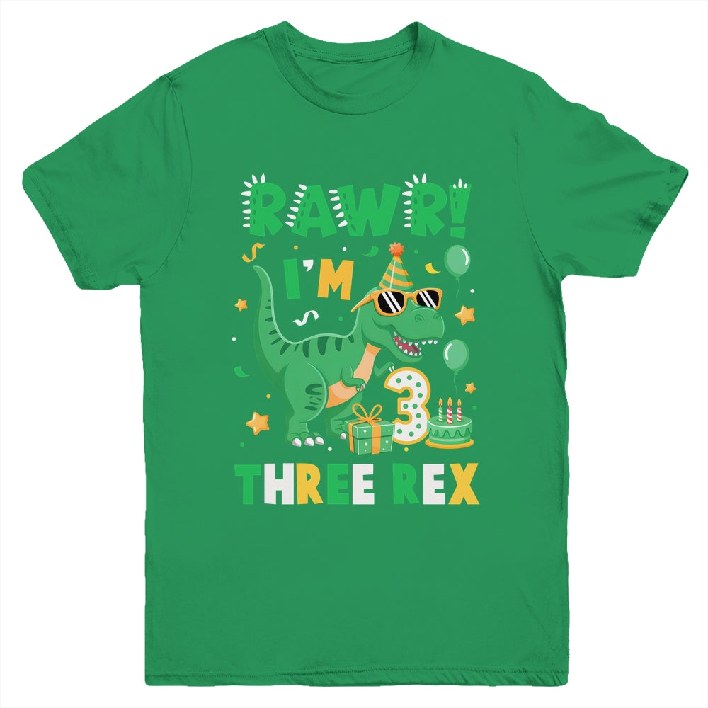 Three Rawr Birthday Boy Party T-Rex Dinosaur 3 Years Old Youth Shirt | siriusteestore