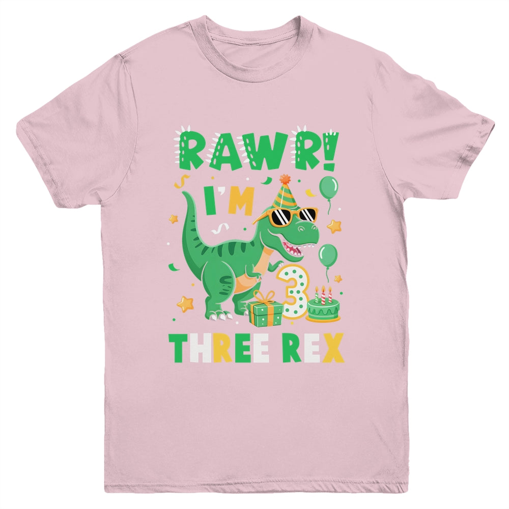 Three Rawr Birthday Boy Party T-Rex Dinosaur 3 Years Old Youth Shirt | siriusteestore