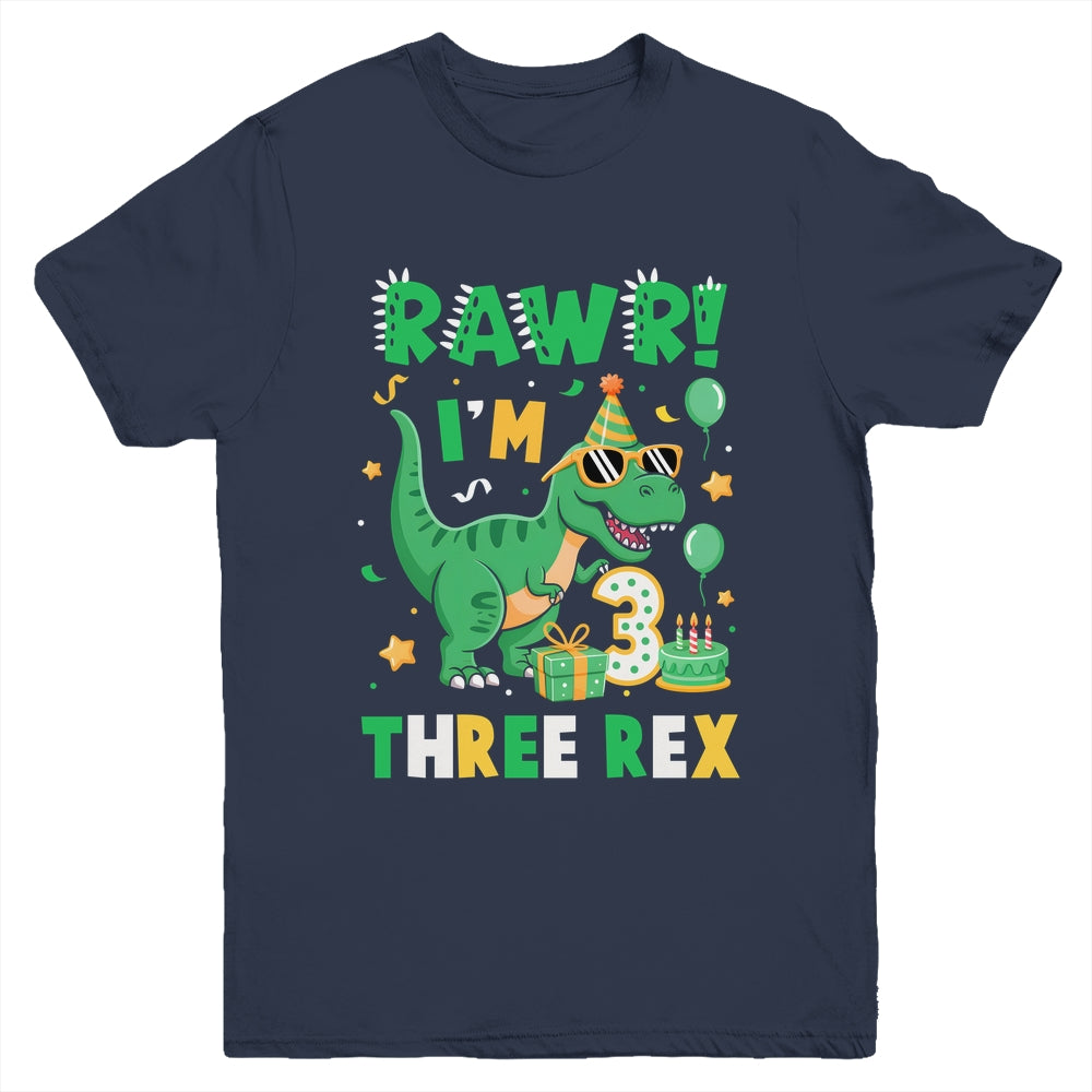 Three Rawr Birthday Boy Party T-Rex Dinosaur 3 Years Old Youth Shirt | siriusteestore