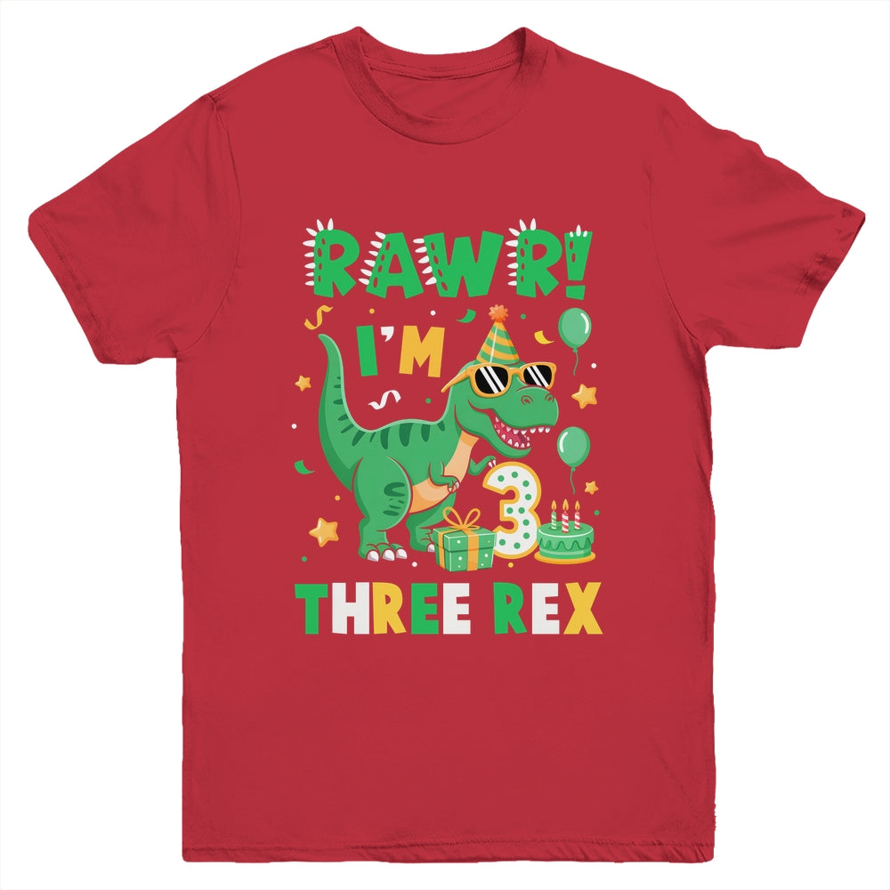 Three Rawr Birthday Boy Party T-Rex Dinosaur 3 Years Old Youth Shirt | siriusteestore