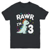 Three Rawr I'm 3 Years Old T Rex Dinosaur 3rd Birthday Boys Youth Shirt | siriusteestore