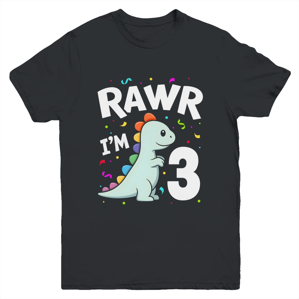 Three Rawr I'm 3 Years Old T Rex Dinosaur 3rd Birthday Boys Youth Shirt | siriusteestore