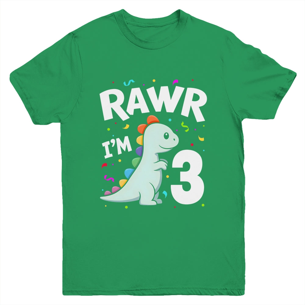 Three Rawr I'm 3 Years Old T Rex Dinosaur 3rd Birthday Boys Youth Shirt | siriusteestore