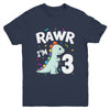 Three Rawr I'm 3 Years Old T Rex Dinosaur 3rd Birthday Boys Youth Shirt | siriusteestore