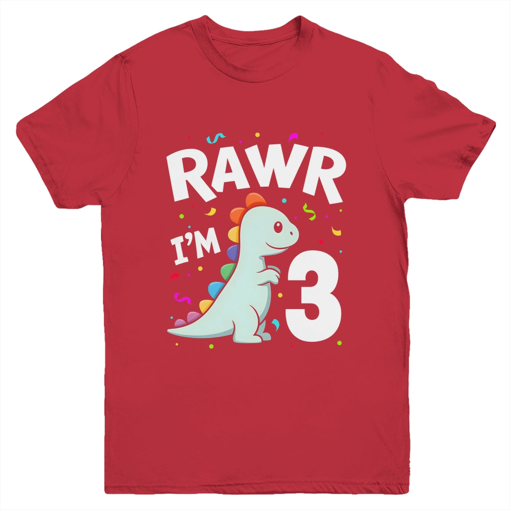 Three Rawr I'm 3 Years Old T Rex Dinosaur 3rd Birthday Boys Youth Shirt | siriusteestore