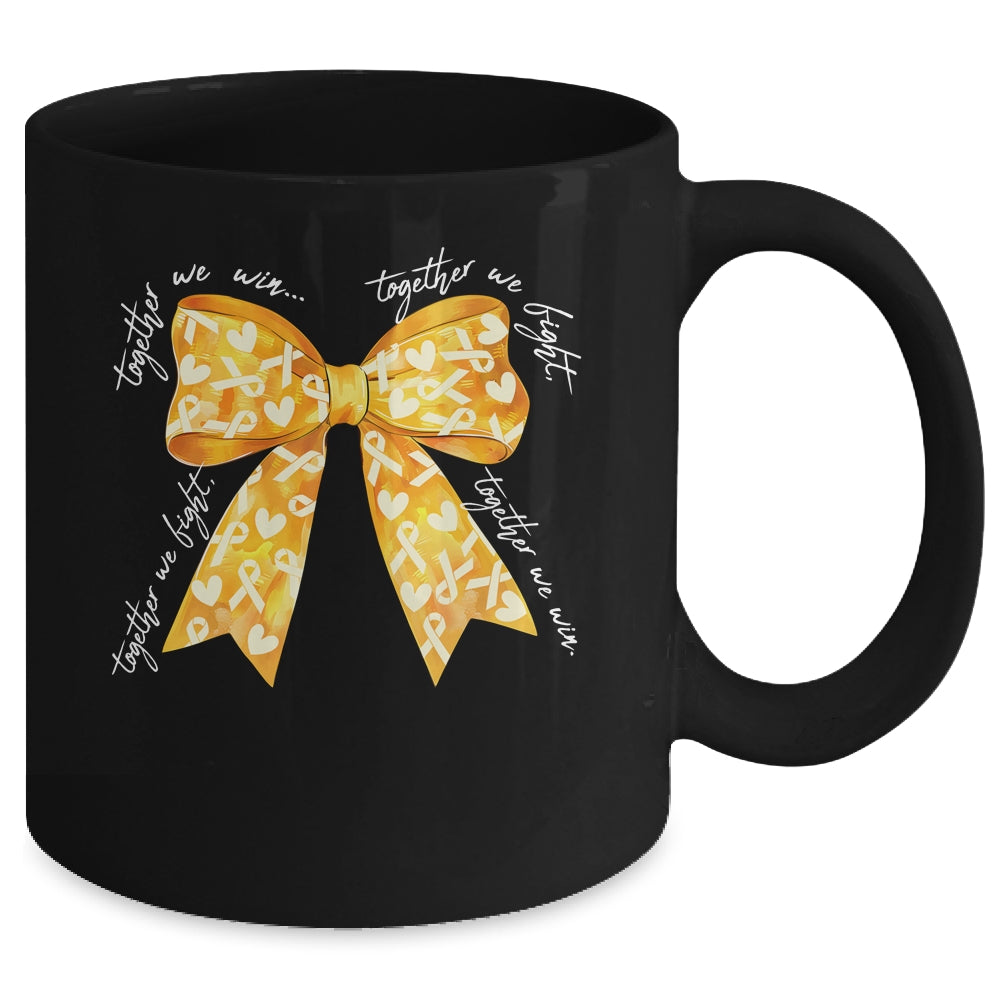 Together We Fight Coquette Bows Gold Ribbon Childhood Cancer Mug | siriusteestore
