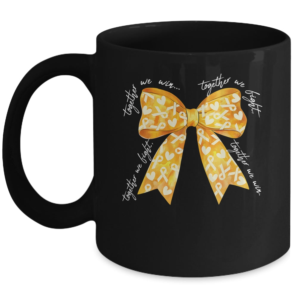 Together We Fight Coquette Bows Gold Ribbon Childhood Cancer Mug | siriusteestore