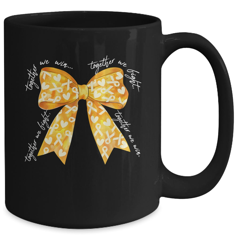 Together We Fight Coquette Bows Gold Ribbon Childhood Cancer Mug | siriusteestore
