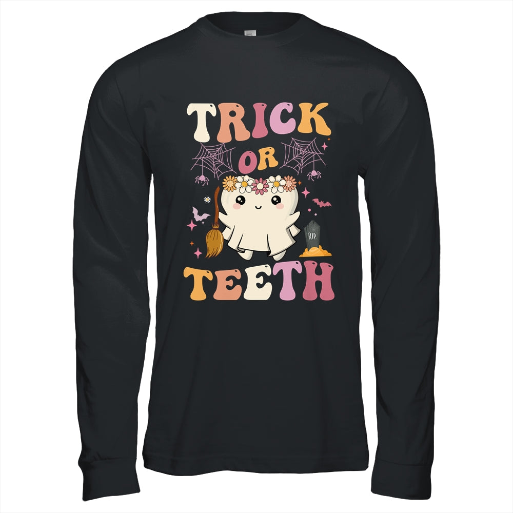 Trick Or Teeth Ghost Groovy Dental Halloween Treat Dentist Shirt & Hoodie | siriusteestore