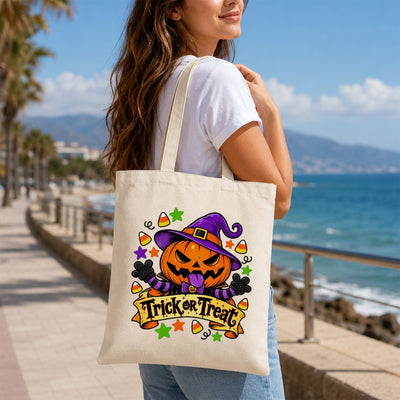 Trick Or Treat Cute Pumpkin Canvas Tote Bag Halloween Candy Corn Stars Funny Pumpkin Aesthetic Women Reusable Grocery Beach Spooky Season Gift Tote Bags | siriusteestore