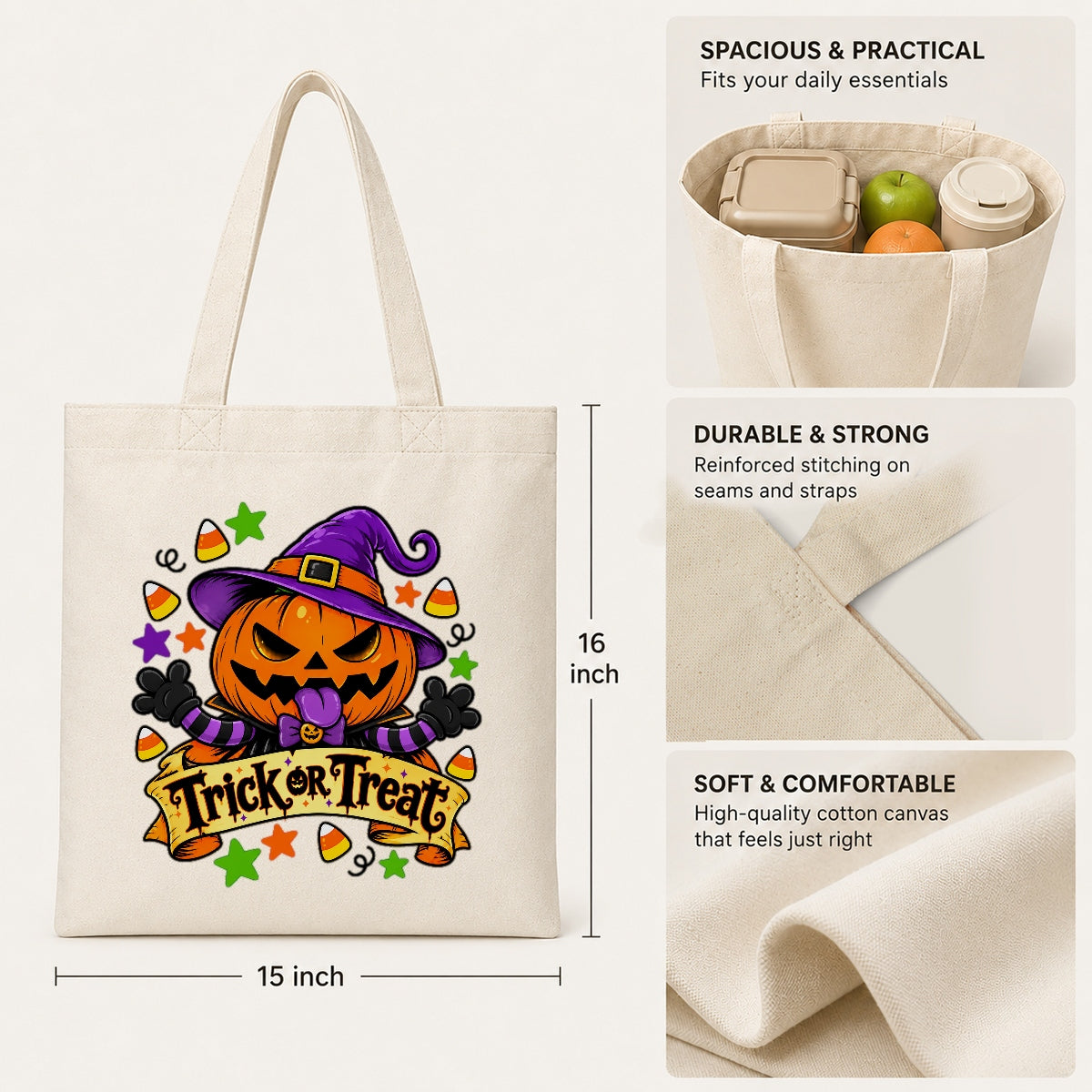 Trick Or Treat Cute Pumpkin Canvas Tote Bag Halloween Candy Corn Stars Funny Pumpkin Aesthetic Women Reusable Grocery Beach Spooky Season Gift Tote Bags | siriusteestore