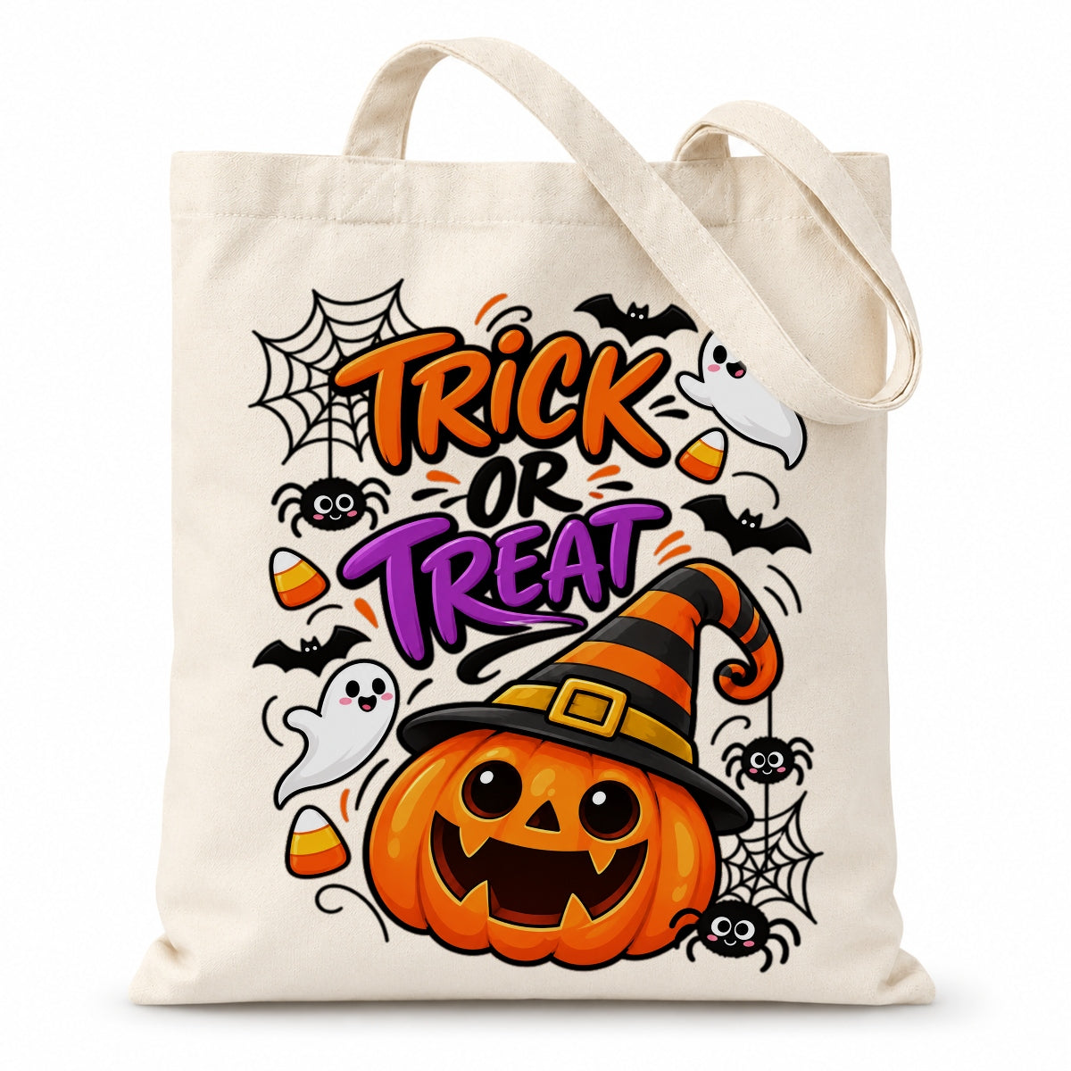 Trick Or Treat Cute Pumpkin Witch Hat Canvas Tote Bag Halloween Party Candy Corn Bats Ghosts Reusable Shopping Bag Women Fall Spooky Season Gift Grocery Bag | siriusteestore