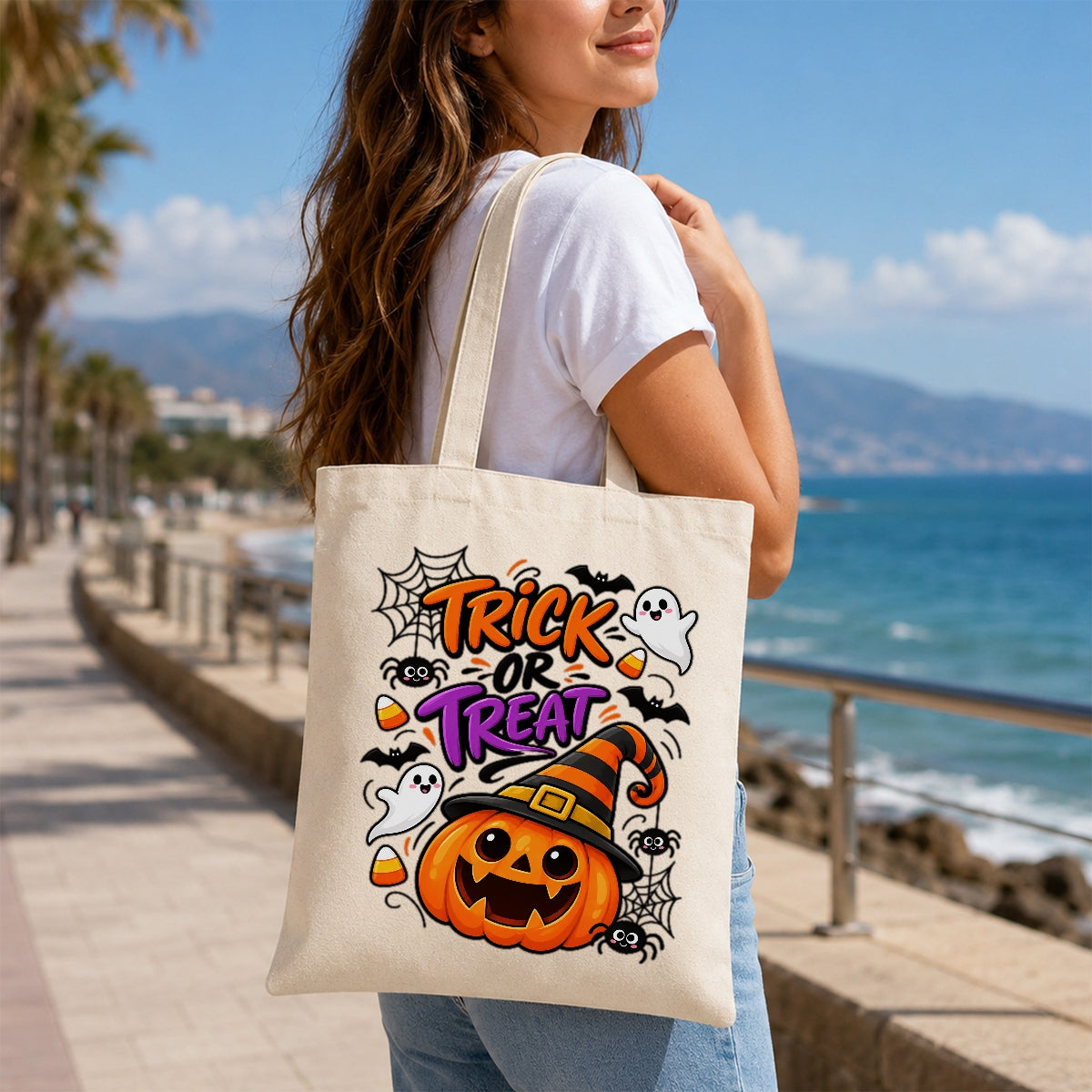 Trick Or Treat Cute Pumpkin Witch Hat Canvas Tote Bag Halloween Party Candy Corn Bats Ghosts Reusable Shopping Bag Women Fall Spooky Season Gift Grocery Bag | siriusteestore