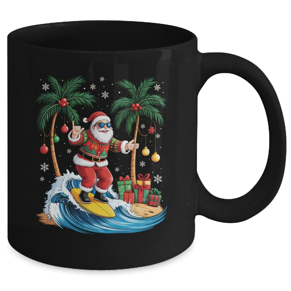 Tropical Christmas Palm Tree Surfing Hawaiian Santa Hawaii Mug | siriusteestore