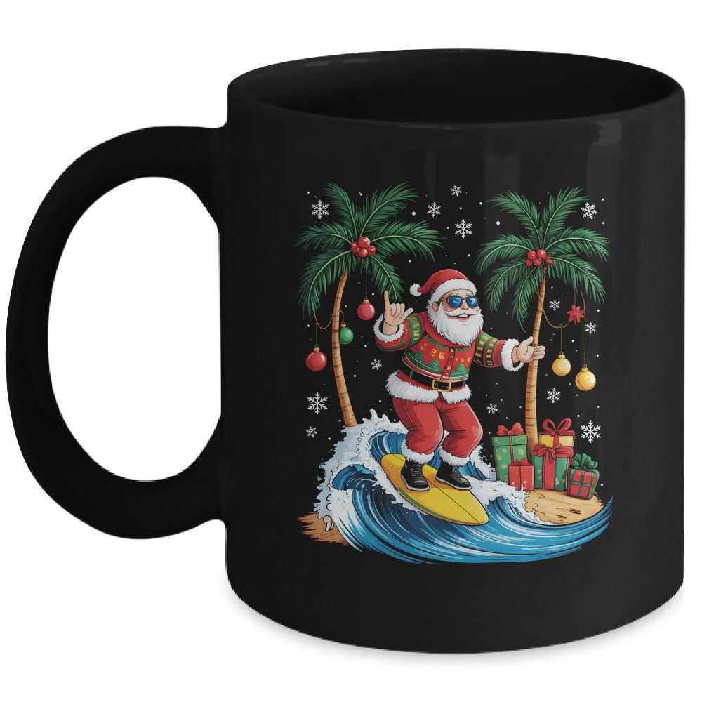 Tropical Christmas Palm Tree Surfing Hawaiian Santa Hawaii Mug | siriusteestore