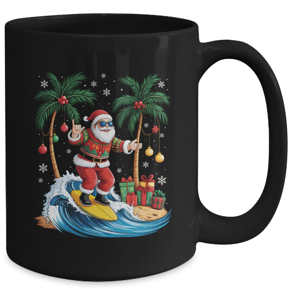 Tropical Christmas Palm Tree Surfing Hawaiian Santa Hawaii Mug | siriusteestore